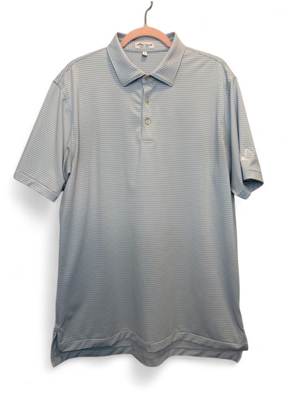 Peter Millar Summer Comfort Sankaty Head Golf Club Polo Pink Blue Stripe Large